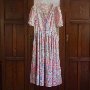 Vintage LAURA ASHLEY Cotton Dress Pink Pastel Floral 80s Short Puff Sleeve 10 M
